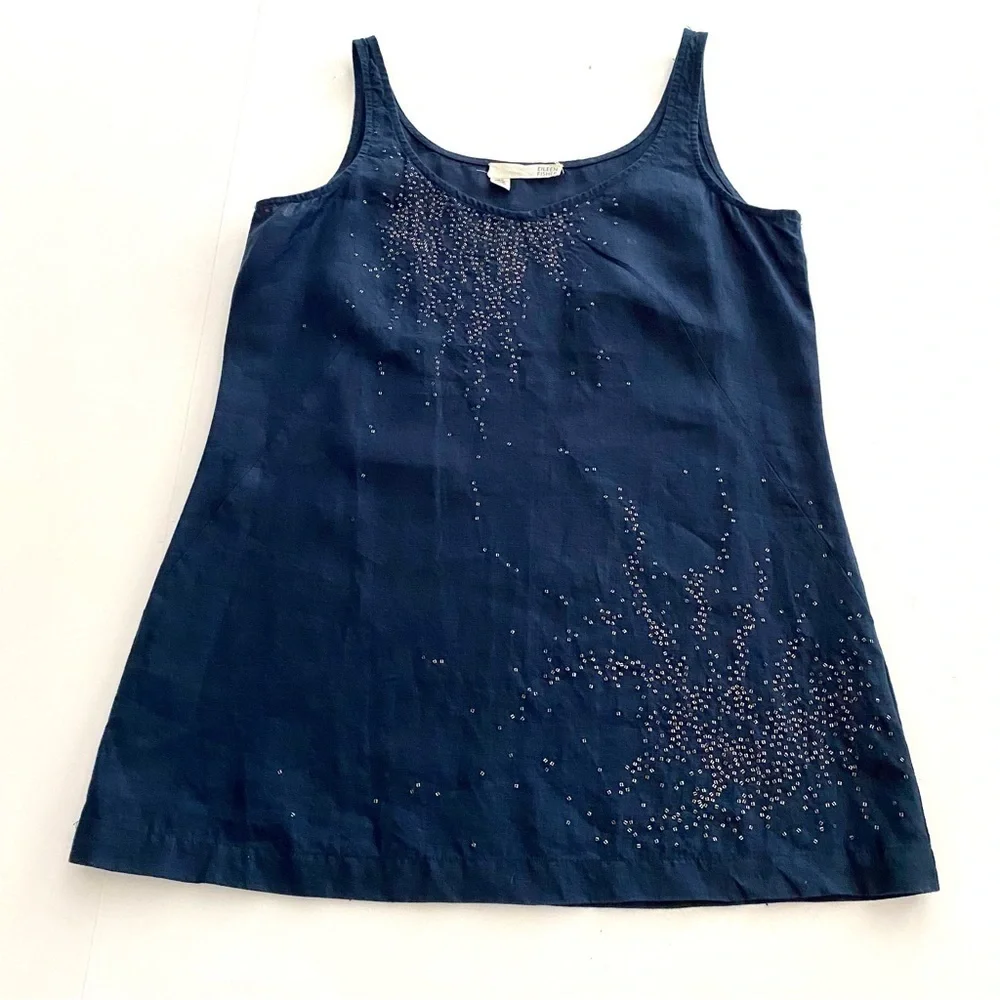 Eileen Fisher Blue Irish Linen Sequin Tank Top Size XS Breathable Sleeveless